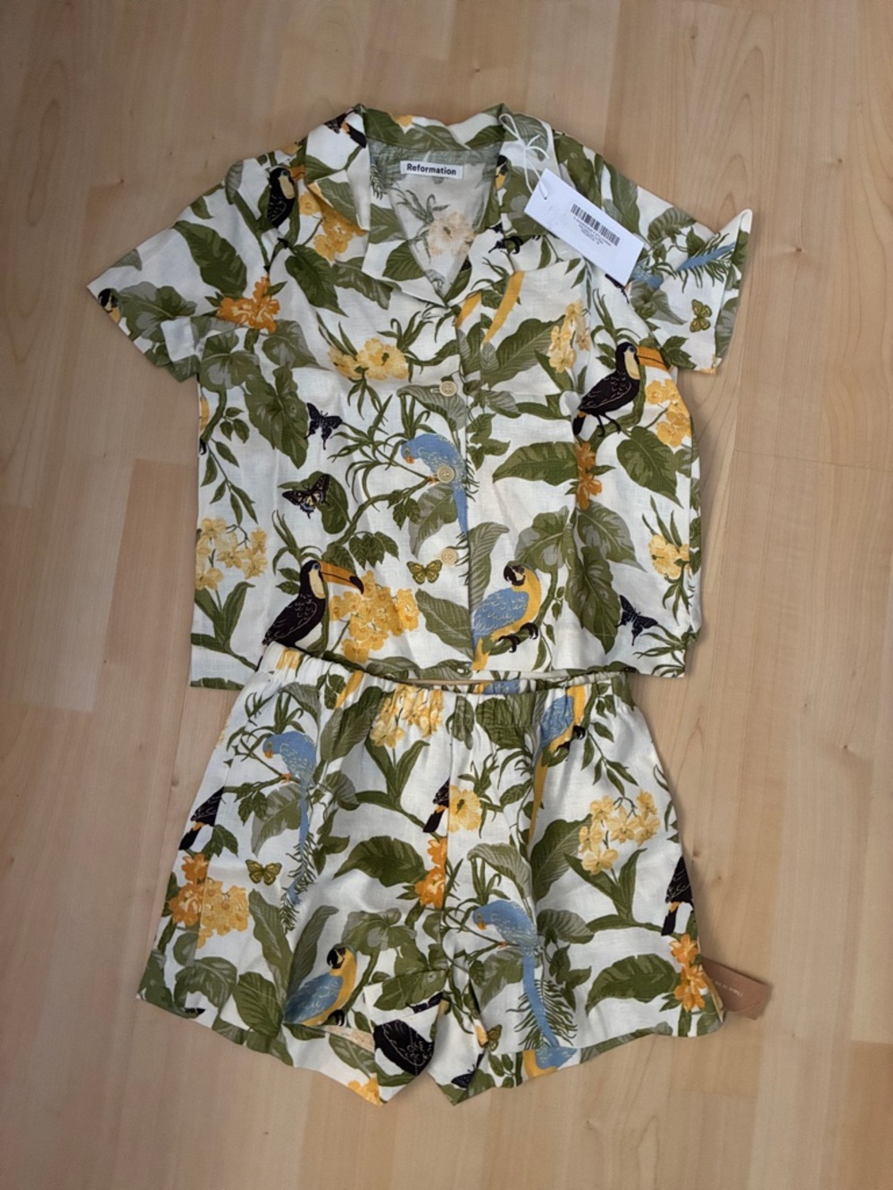 Reformation Cream Tropical Bird Two-Piece Short Set